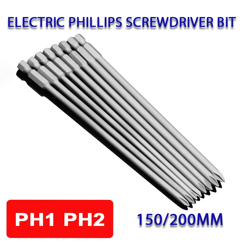 Destornillador eléctrico Phillips de 1 piezas, broca de 150/200mm PH1/PH2, destornillador cruzado extendido, controlador de impacto, cabeza de lote magnética fuerte