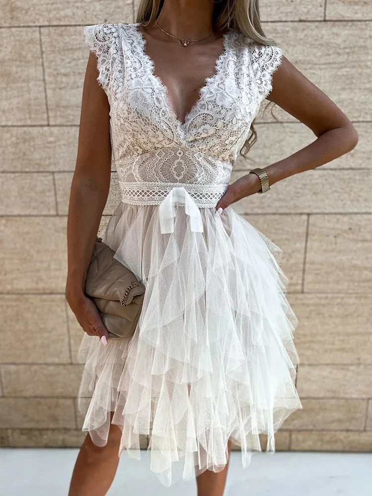 Elegant Female Patchwork Club Black Dress Sexy Streetwear Sleeveless Lace Hollow Dress Women Slim Summer Solid High Waist Dress