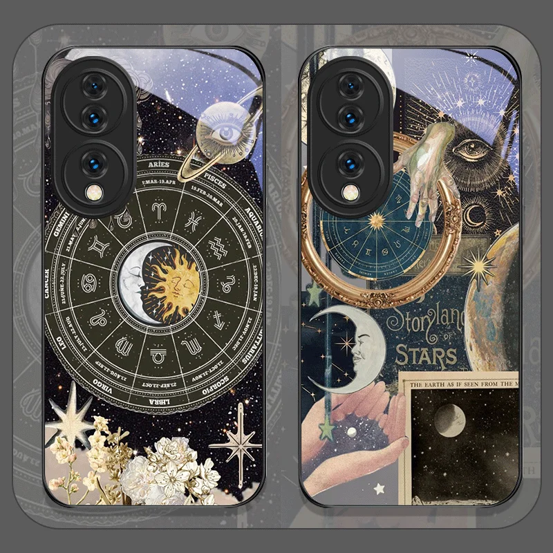 Constellation Sun Moon Stars Painted Tempered Glass Phone Case for Huawei Nova 13 12 11 10SE Mate 70 60 50 ProPlus P60 P40 Cover