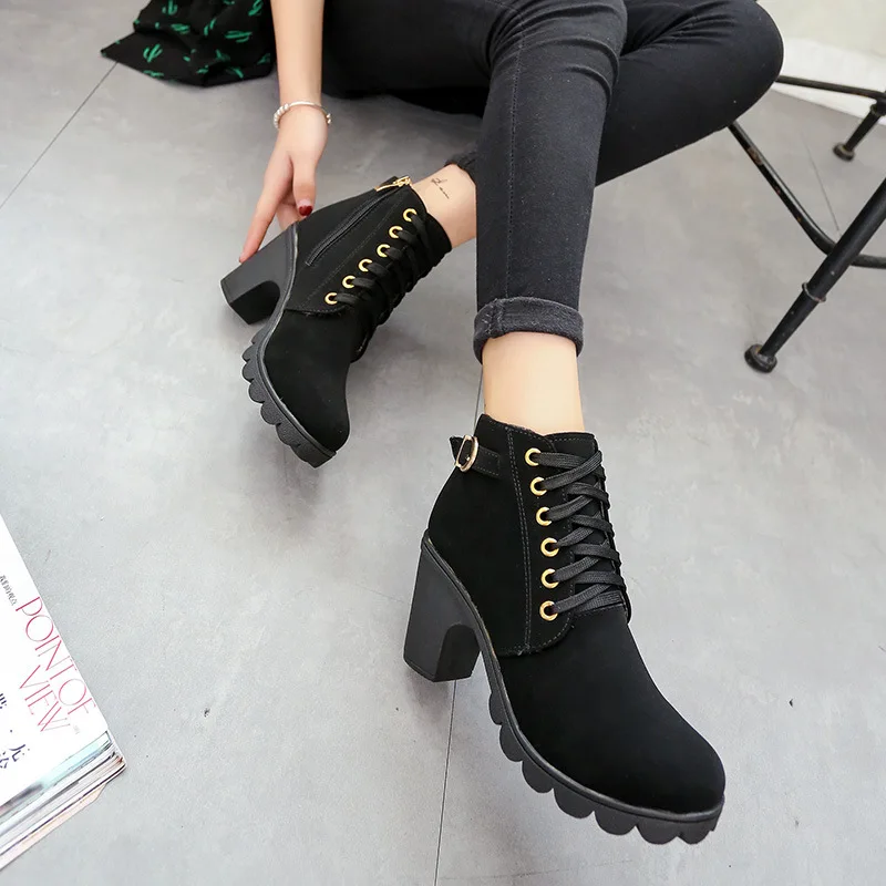 New Women Suedes Boots Shoes Women Fashion High Heel Lace Up Ankle Boots Ladies Buckle Platform Artificial High heel Shoes boots