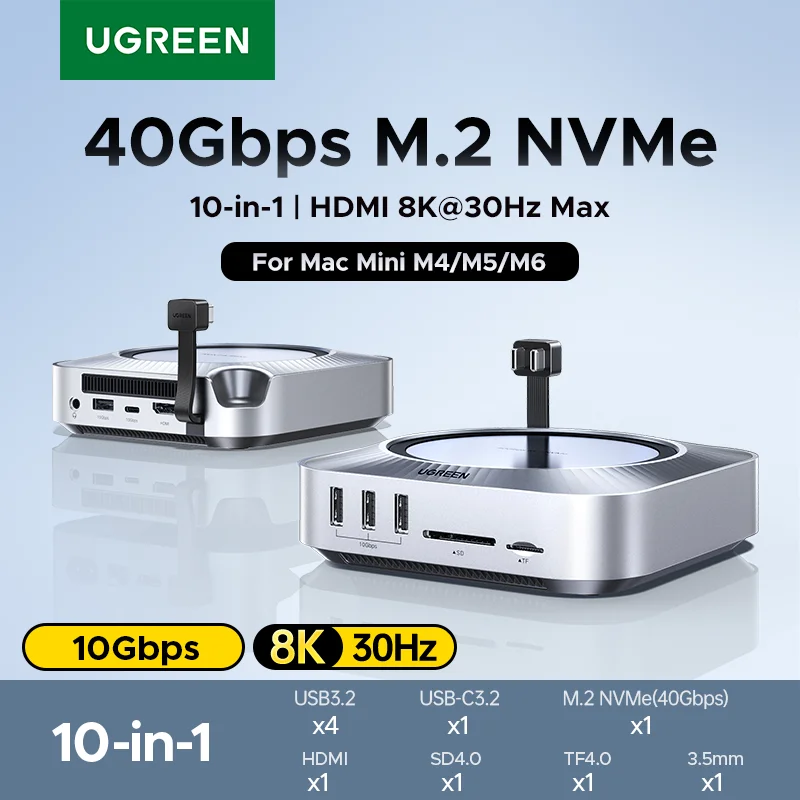 UGREEN 40Gbps Mac Mini Docking Station M4 Pro/M4 M.2 NVMe SSD Case 8K30Hz HDMI 10Gbps Data Ports SD&TF Built-in Fan