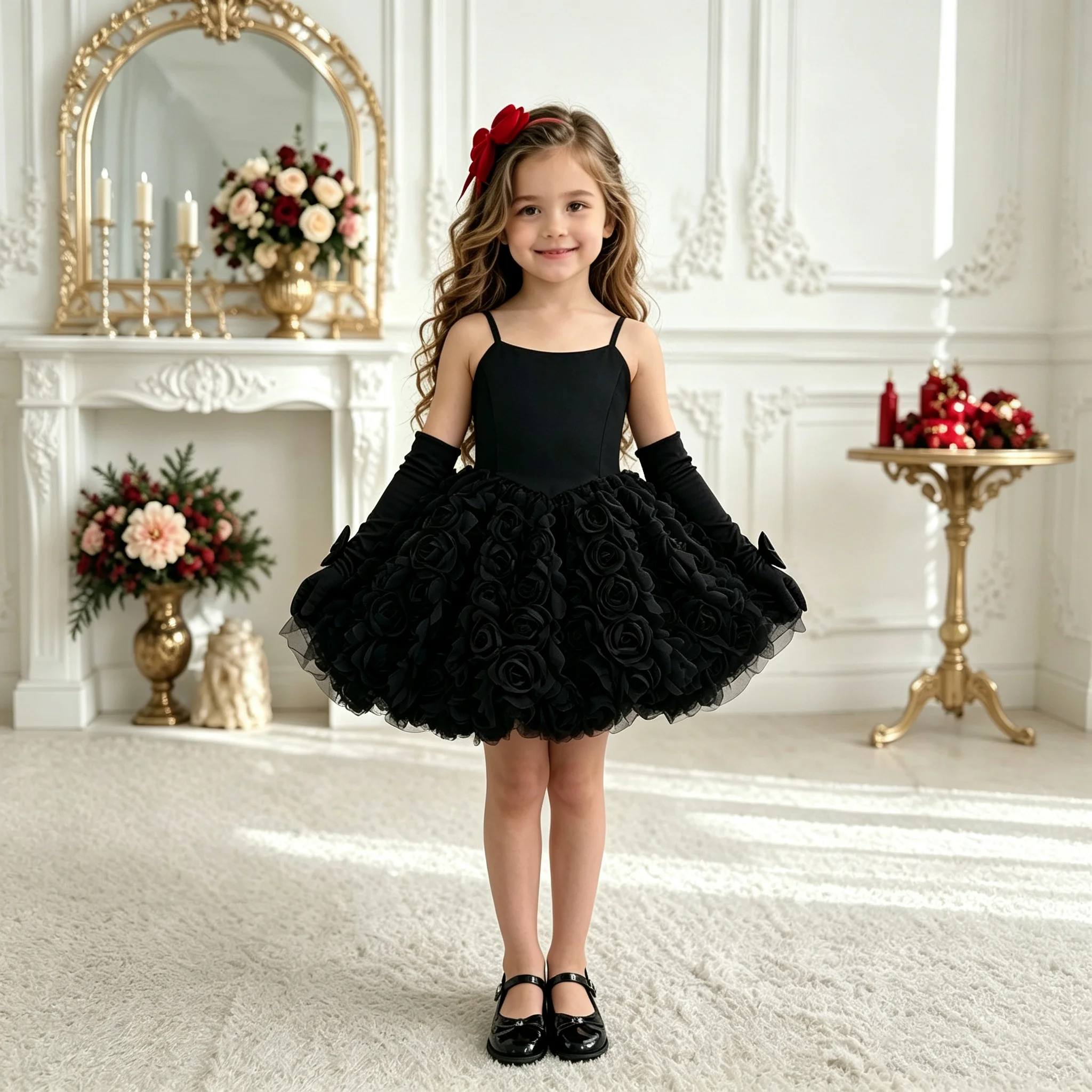 3D Rose Flower Girl Dress Spaghetti Strap Kids Princess Tutu Dress With Long Gloves Wedding Birthday Pageant Party Children Form