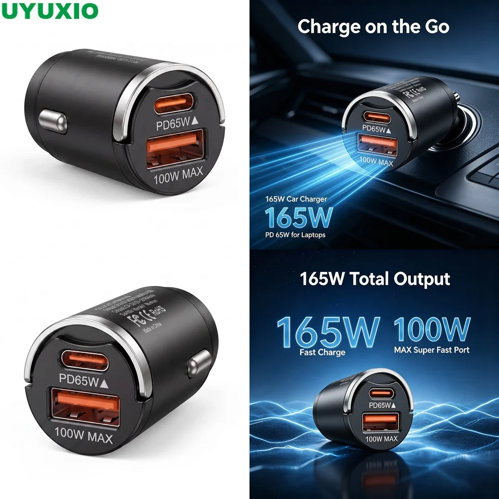 165W Travel Car Charger PD 65W USB C and 100W USB A Charging Zinc Alloy Flush Fit Design for Phone Tablet and Computer Charging