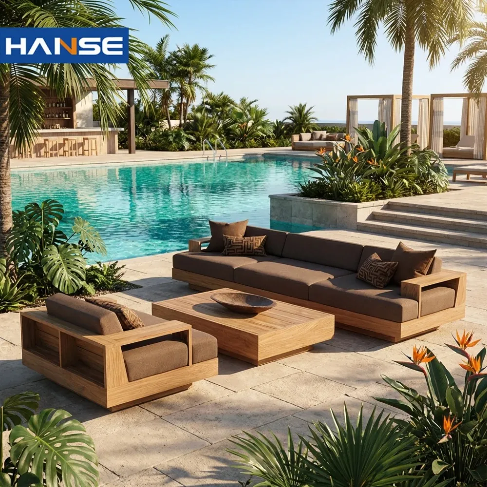 All Weather Comfortable Eco-Friendly Modern Luxury Outdoor Lounge Set For Hotel Resort Villa & Balcony-Solid Wood Sofa