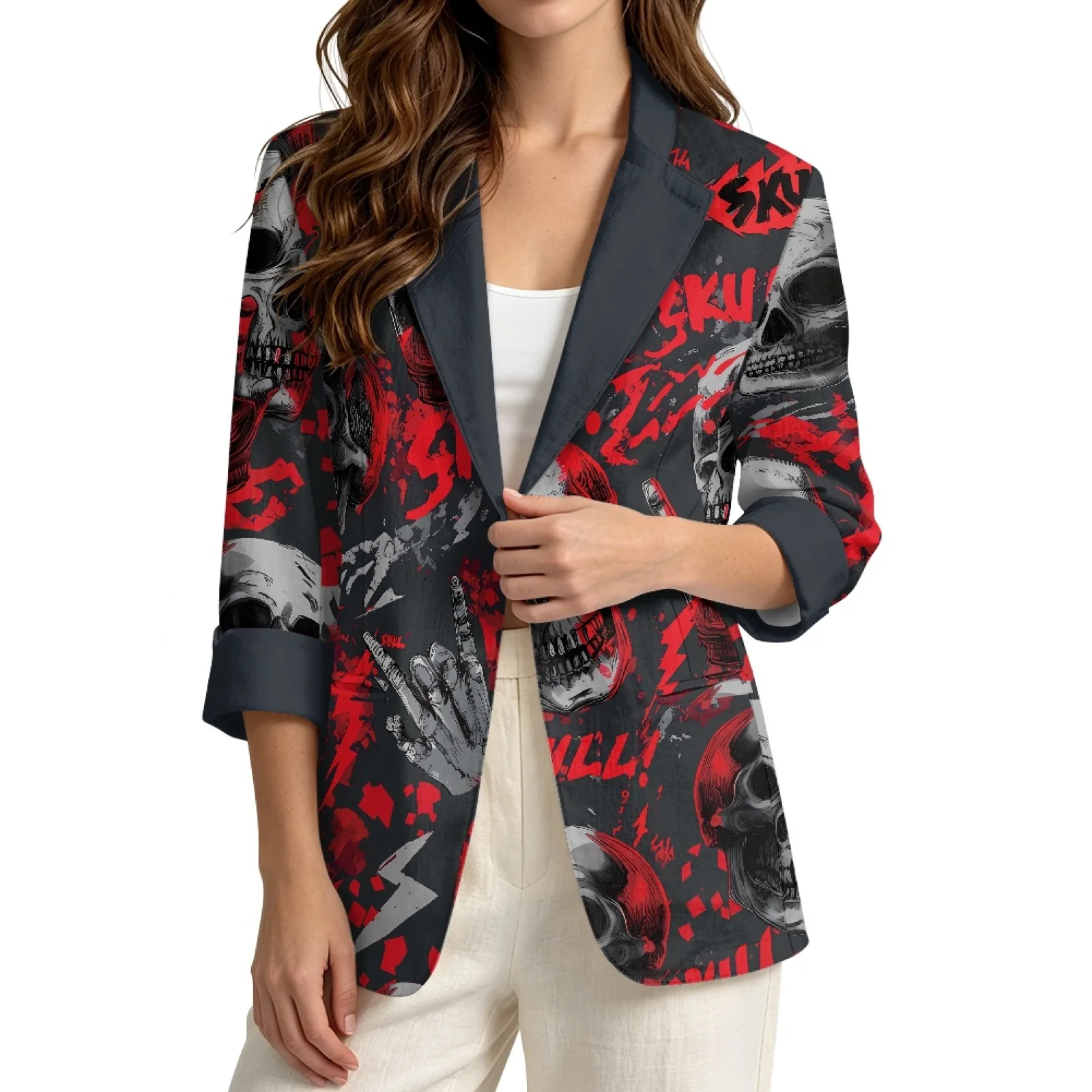 PENSTROLL Punk Skull Print Linen Like Light Cover Up Open Front Button Cardigans for Women Casual Layering Piece