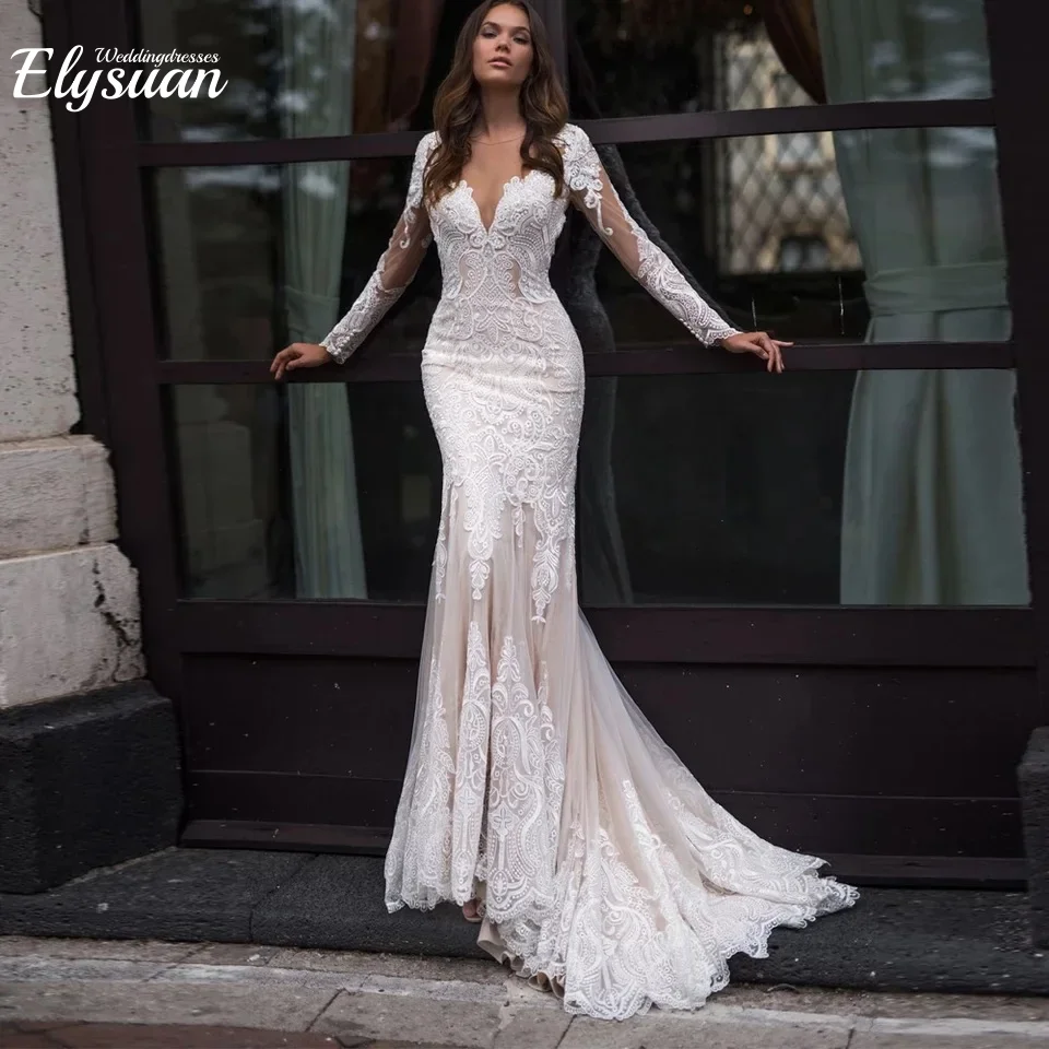 カスタマイズされたエレガントな長袖レースイリュージョンボタンバックウェディングドレスマーメイドブライダルガウンVネックスイープトレインベスティドデノビア