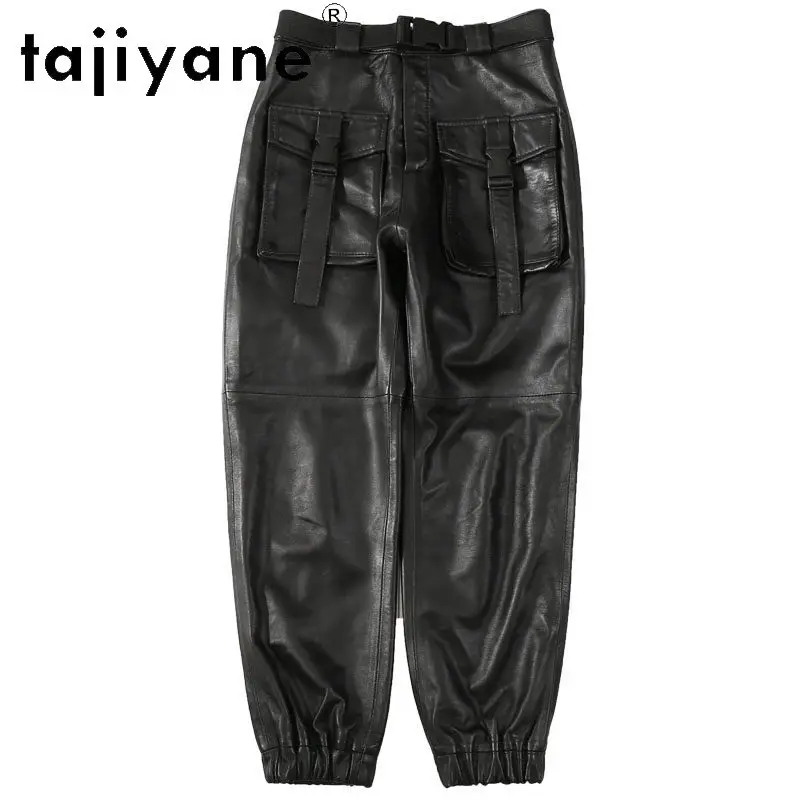 TAJIYANE Real Leather Pants Women Cargo Pants for Woman Sheepskin Harem Pants Slimming Black Trousers Big Pocket Штаны Casual