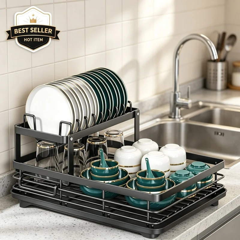 Extendable 2-Tier Metal Dish Drying Rack, Large Capacity Utensil Holder with Drain Board for Kitchen Counter Tableware Storage