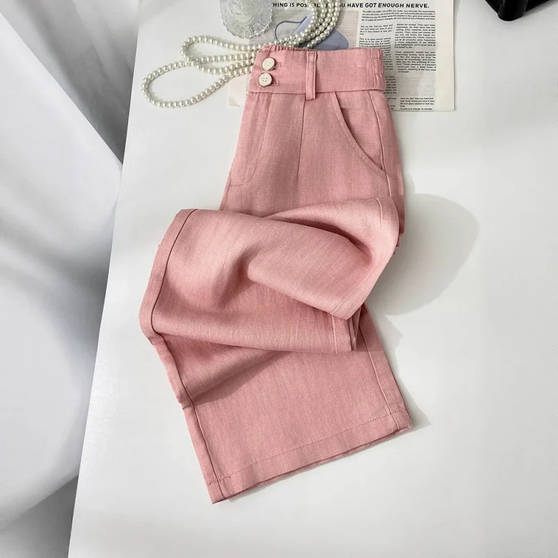 سراويل وردية واسعة الساق للنساء، سراويل صيفية رفيعة، سراويل مستقيمة الساق عصرية متعددة الاستخدامات وبسيطة