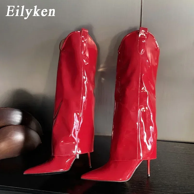 Eilyken 2027 Fashion Pointed Toe Patent Leather Knee High Boots Women Sexy Thin Heels Female Shoes Winter Botas Mujer