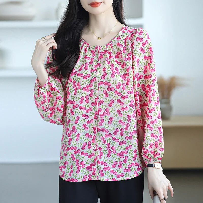 Women Clothing Loose Oversized Medium Long Style Chiffon Shirt Autumn Fashion Elegant O-neck Long Sleeve Blouses Chic Print Tops