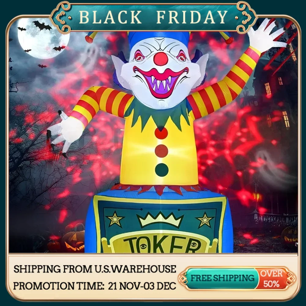 8 FT Halloween Inflatables Clown Outdoor Decorations with Dynamic Projector Light and Build-in LED Lights