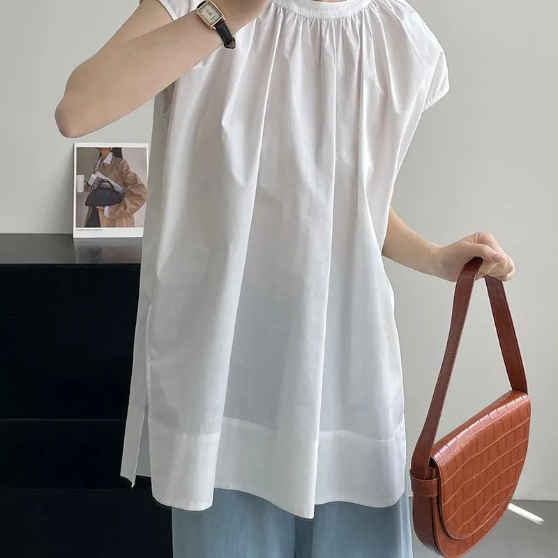 

Свободный крой, круглый вырез, женская корейская футболка в стиле lazy fashion, топ средней длины, удобный, дышащий, из хлопкового материала