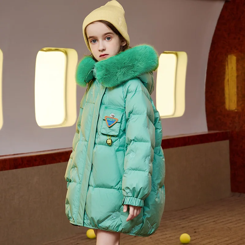 

New children's down jacket Girls pink fluorescent hooded warm & thick duck down coat Cold winter clothing Big fur collar