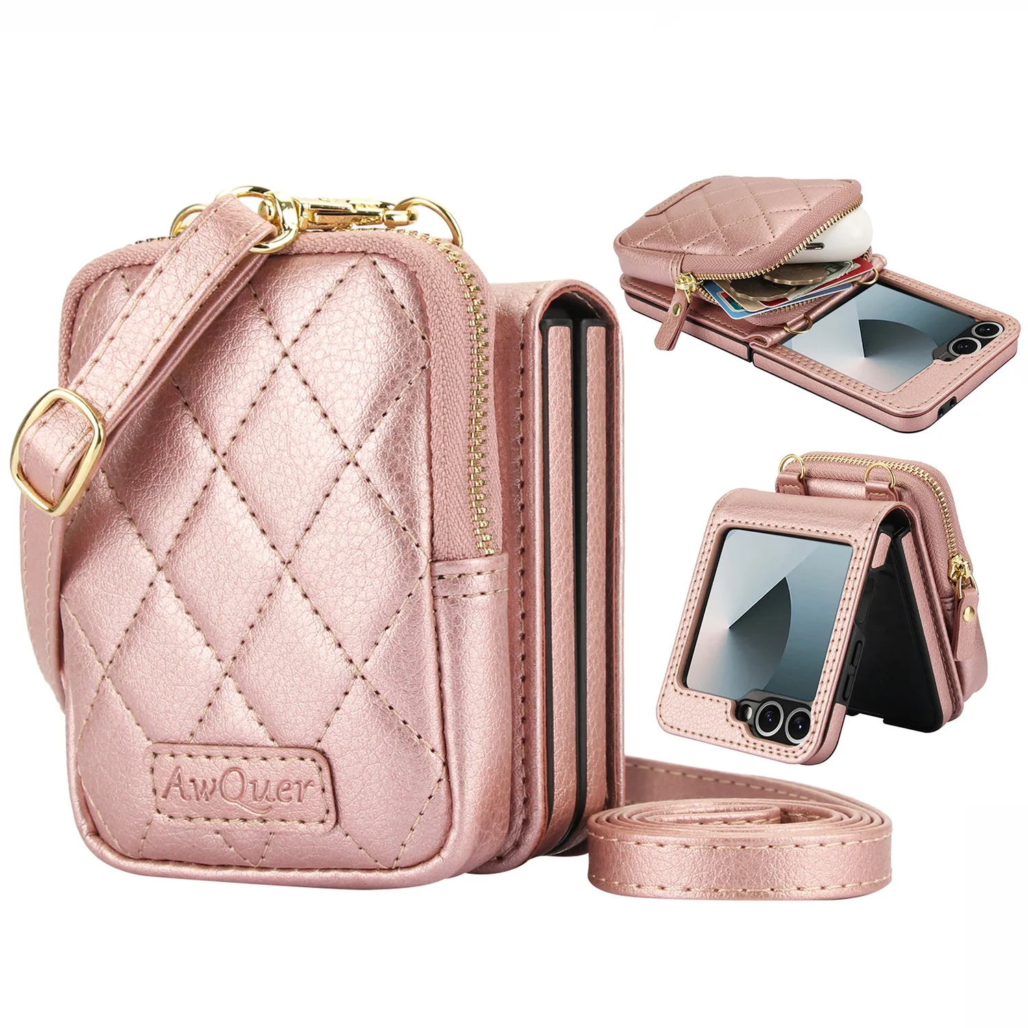Luksusowe etui na Samsung Galaxy Z Flip 7 6 5 4 3, skórzane etui portfel z teksturą liczi, z długą smyczą, ochronne etui crossbody — zdjęcie produktu 5