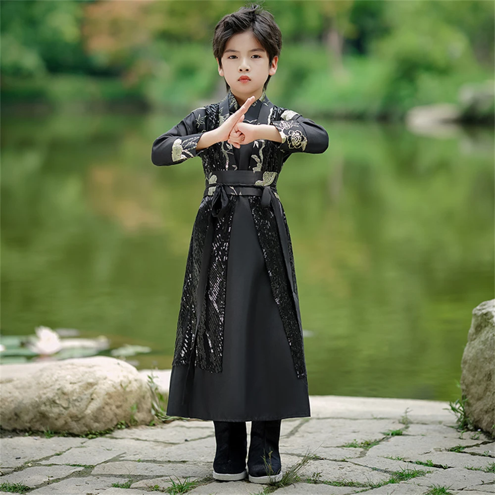 New Boys' Ancient Costume Original Chinese  Children's Tang Suit Swordsman Vintage Stage Performance Improved Traditional Hanfu