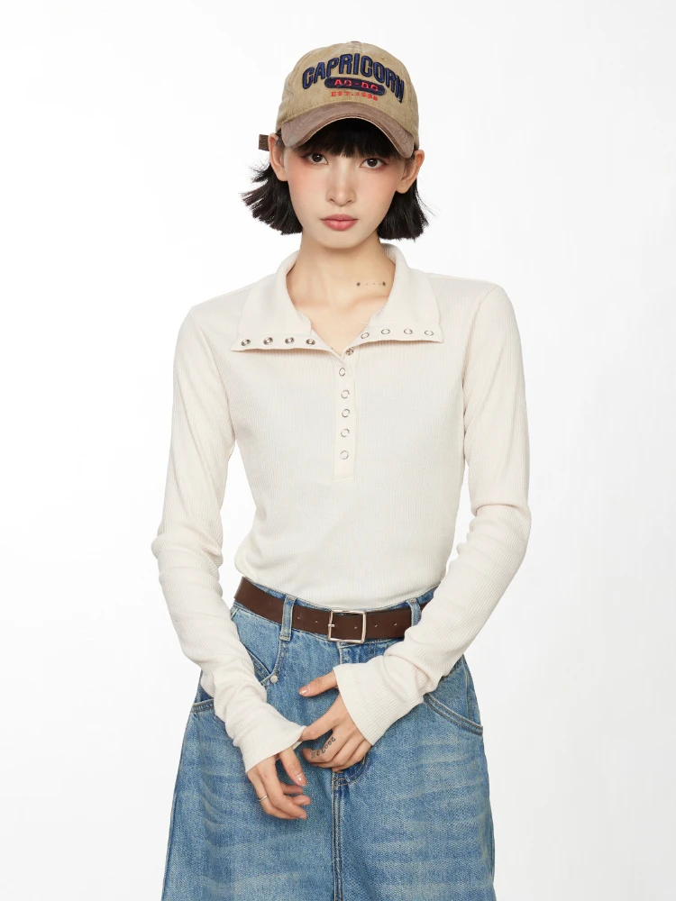 Long Sleeve Polo Collar T-shirt Women's Solid Color American Retro Spring  Autumn Inner Wear Bottoming Shirt Knitted Top Fashion