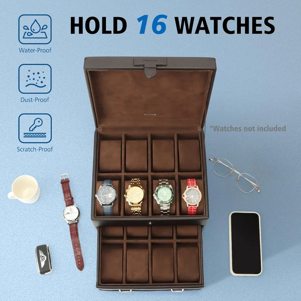 16-Slot Watch Box for Men, Removable Pillows, Leather Case Organizer, Brown