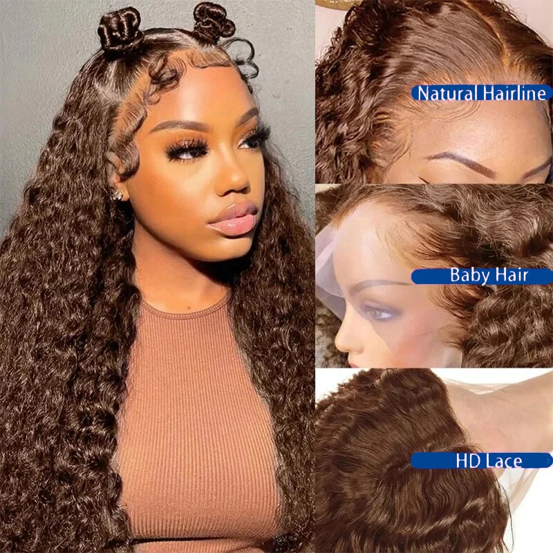 #4 13x4 Chocolate Brown Deep Wave Lace Frontal Wigs Human Hair Bleached Knots Water Wave Lace Front Human Hair Wig 250 Density