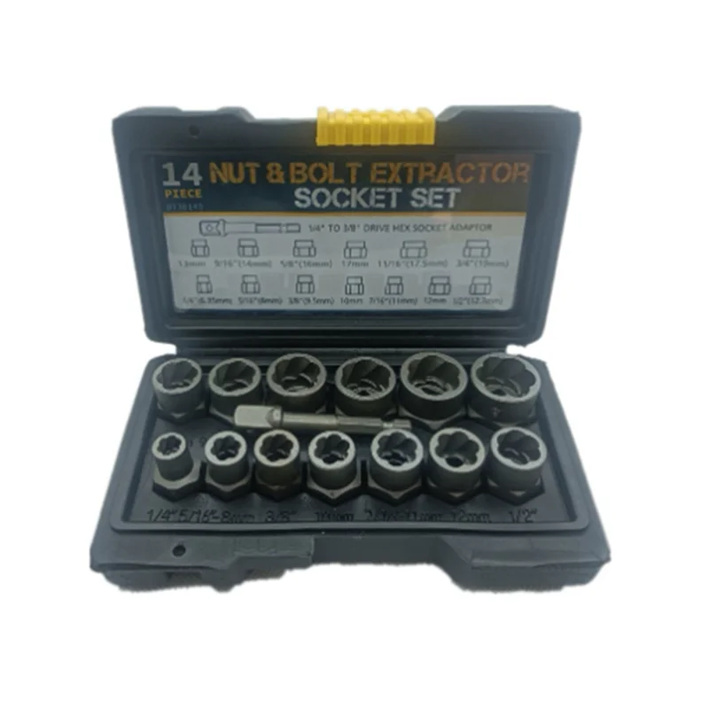 ABWR-14 Piece Lug 3/8Inch Drive Impact Bolt Nut Extractor Set Black Steel 1/4Inch-3/4Inch Twist Socket Tool Set