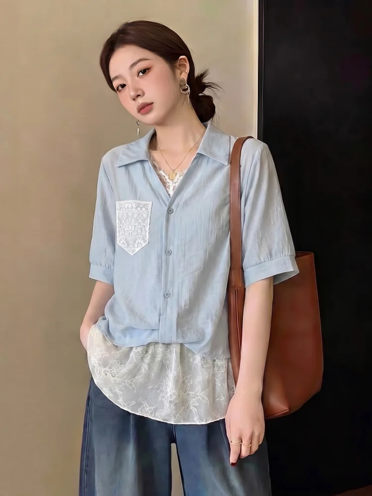 

Yellow Lace Trim V-Neck Short Sleeve Shirt Women's Summer New plus Size Micro Plump MM Fake Two-Piece Top Korean Style Loose Fit
