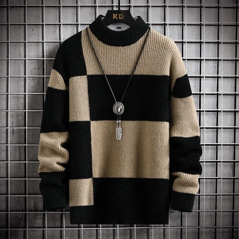 Brand Clothing Warm Autumn Winter Sweaters Men Casual Patchwork Color Knitted Pullovers Male Plaid Round Neck Sweater Man 4XL-M