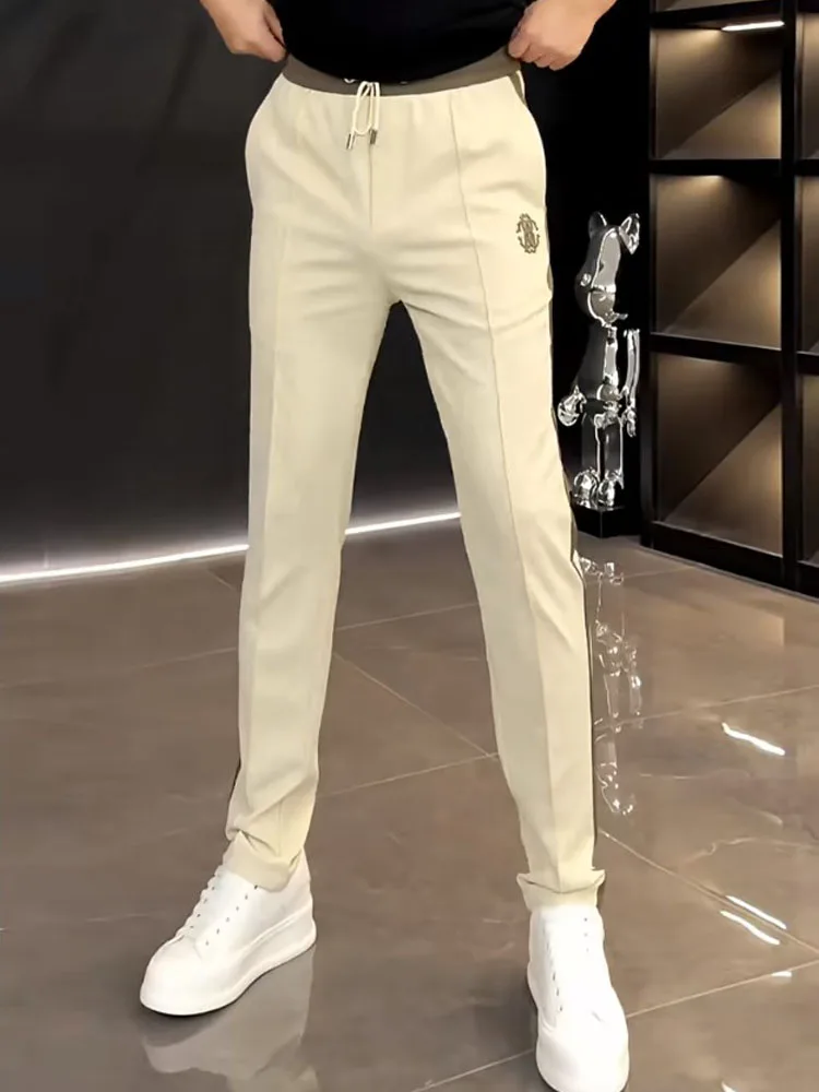 

Ele Embroidered Men's Straight Leg Pants Autumn Winter Drape Comfortable Striped Casual Loose Long Trousers High Elastici