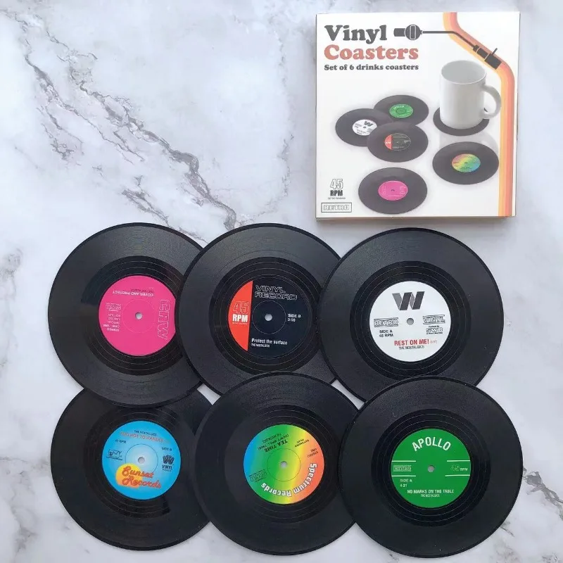 Vintage Record Coaster Coffee Coaster Anti Slip and Heat Insulation Black Rubber Placemat Desktop Display Desk Home Decoration