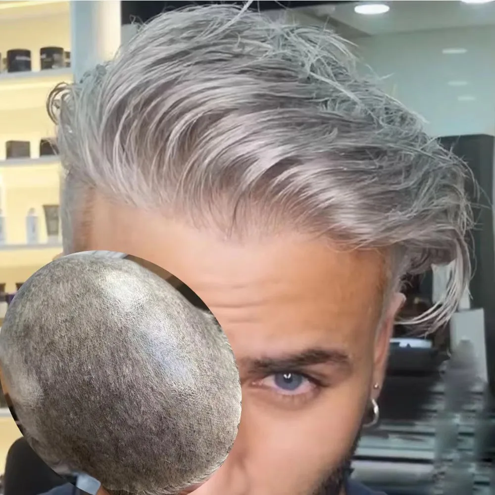 1b65 1b80 1b50 Grey Hair Last Long Full Skin Natural Hairline Human Hair Toupee for Male Easy Install Black Brown Prosthesis Wig