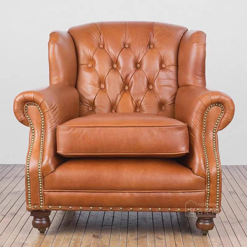 American-style genuine leather tiger chair, vintage sofa chair, retro tufted leisure chair, whiskey cigar chair, Godfather chair