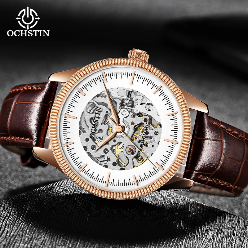OCHSTIN Men's Leather Strap Automatic Watch Mechanical Watches Man Master Series Male Waterproof Skeleton Classic Wristwatch