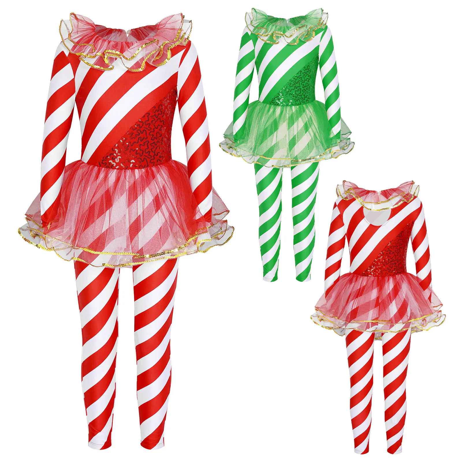 Kids Girls Candy Cane Christmas Costume One Piece Sequins Santa Sweetie Dance Jumpsuit Bodysuit for Christmas Holiday Party