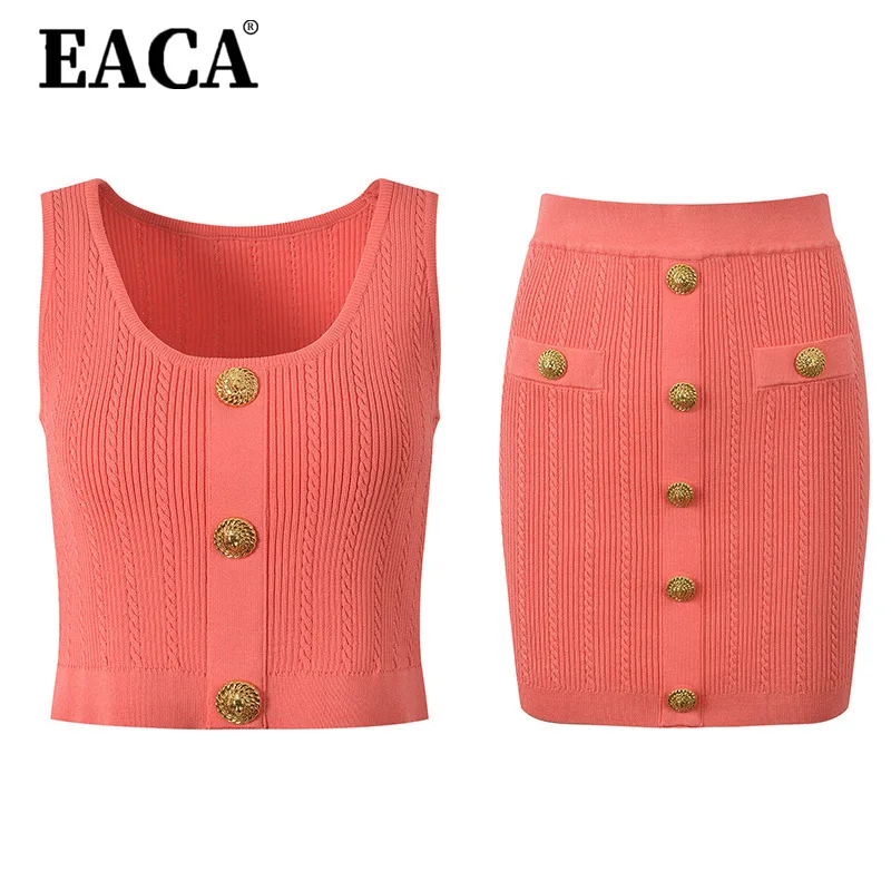 

EACA Three-piece Set Of Light Luxury Gold-button Slimming Knitted Sweater Vest Body-hugging Skirt For Women Spring/Summer 2025