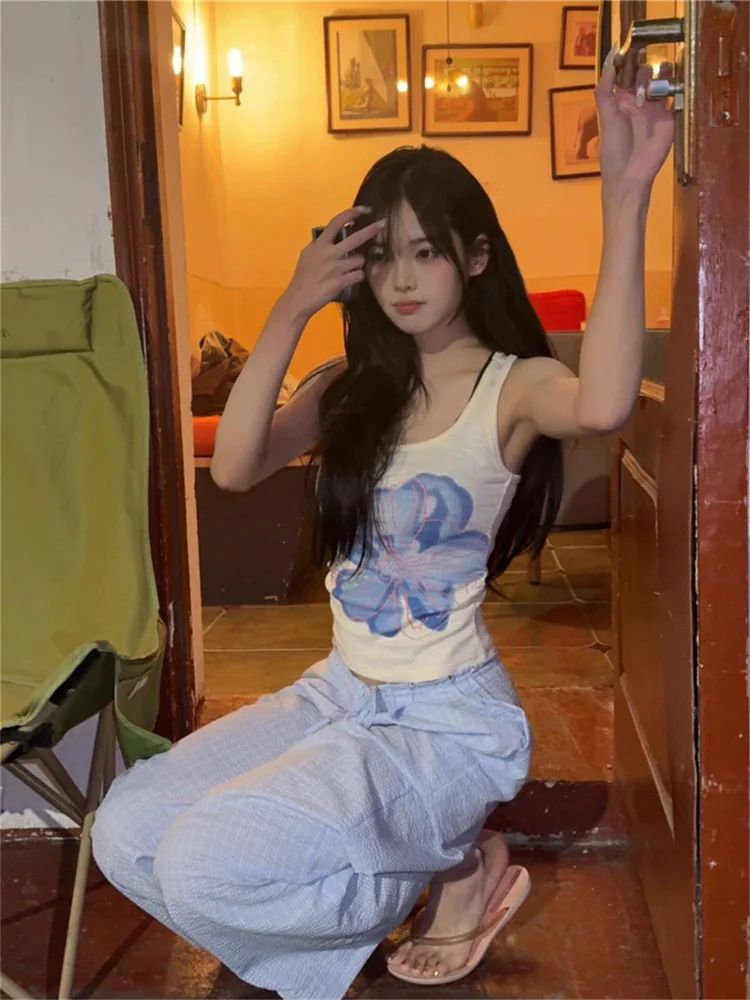 태국 스타일 매운 소녀 순수한 욕망 작은 난초 프린트 스트랩 조끼 여성 슬리밍 여름 탑 내부 및 외부 착용 유행