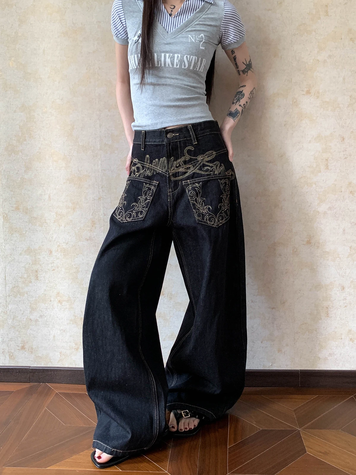 

Apocket American High Street Knife Embroidery Wide Leg Jeans Men's Style Slimming Pants Cotton Denim Natural Waist Jeans