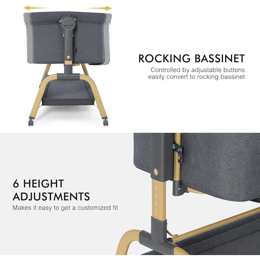 3 in 1 Baby Bassinet, Rocking Bassinets Bedside Sleeper with Comfy Mattress and Wheels, 6 Height Adjustable Easy Folding