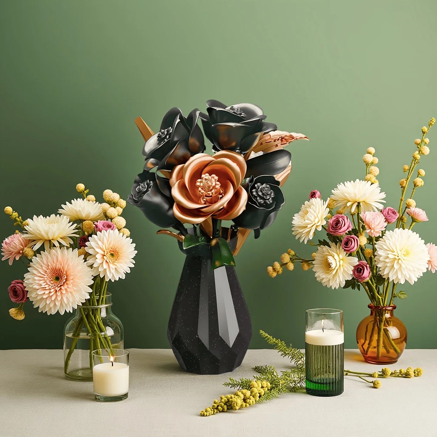 

Black and Gold Rose Flower Building Block Assembly Model Ornament, with Black and Gold Roses Intersecting in a Vase, Creating a Romantic and Exclusive Love Atmosphere, Enhancing a Happy and Cozy Family Life, Suitable for Home Decoration, Living Room Ornam