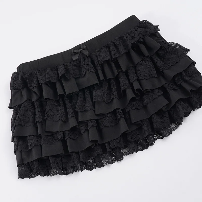 Splicing Bow Black Lace Low Waist Cake Micro Skirt for Women
