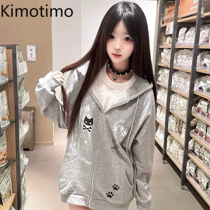

Женская толстовка с принтом серого мультяшного кота Kimotimo, японская куртка в стиле Y2K с карманами на молнии, милая повседневная толстовка с длинными рукавами