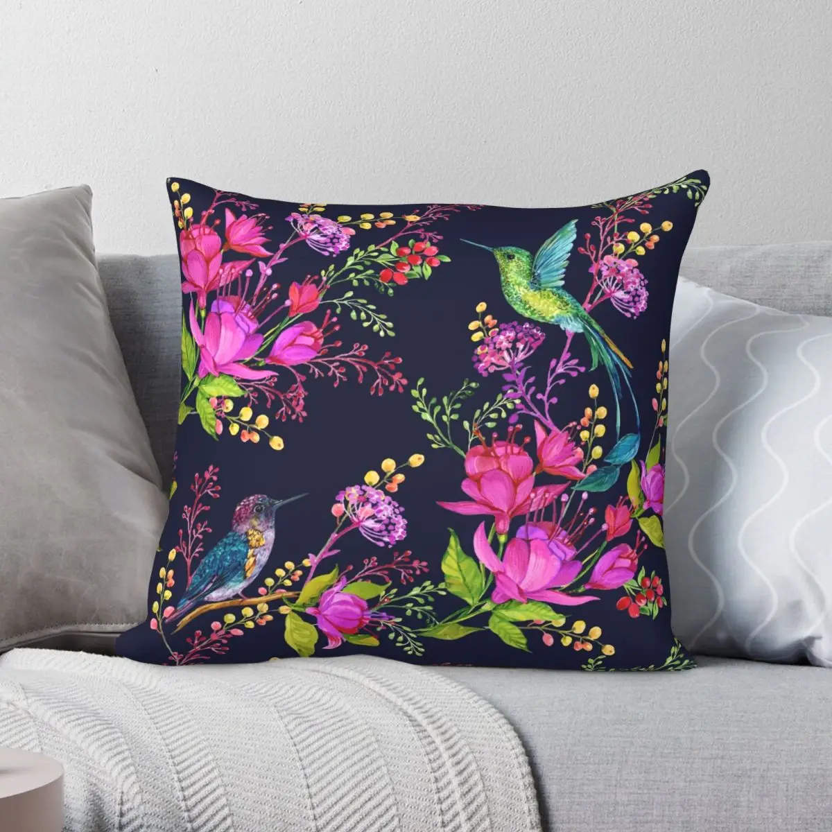 Hummingbird Floral Pattern 14 Pillowcase Polyester Linen Velvet Pattern Zip Decor Home Cushion Cover