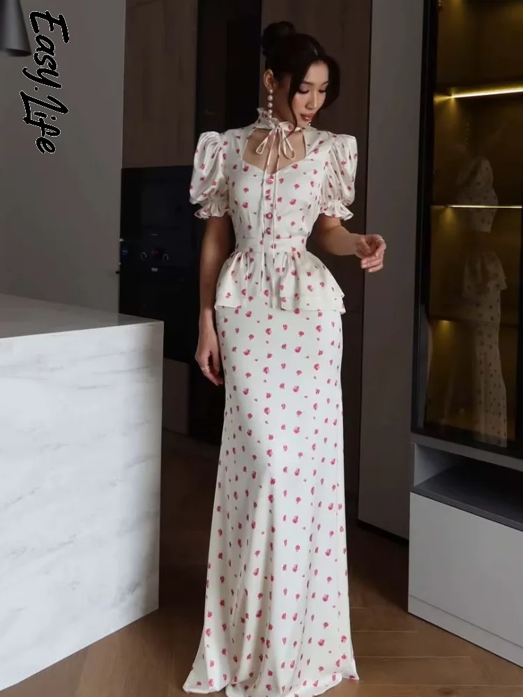 Women's Floral Print Maxi Dress High Neck Keyhole Puff Sleeve Peplum Waist Mermaid Skirt 2026 Summer Elegant Evening Party gowns