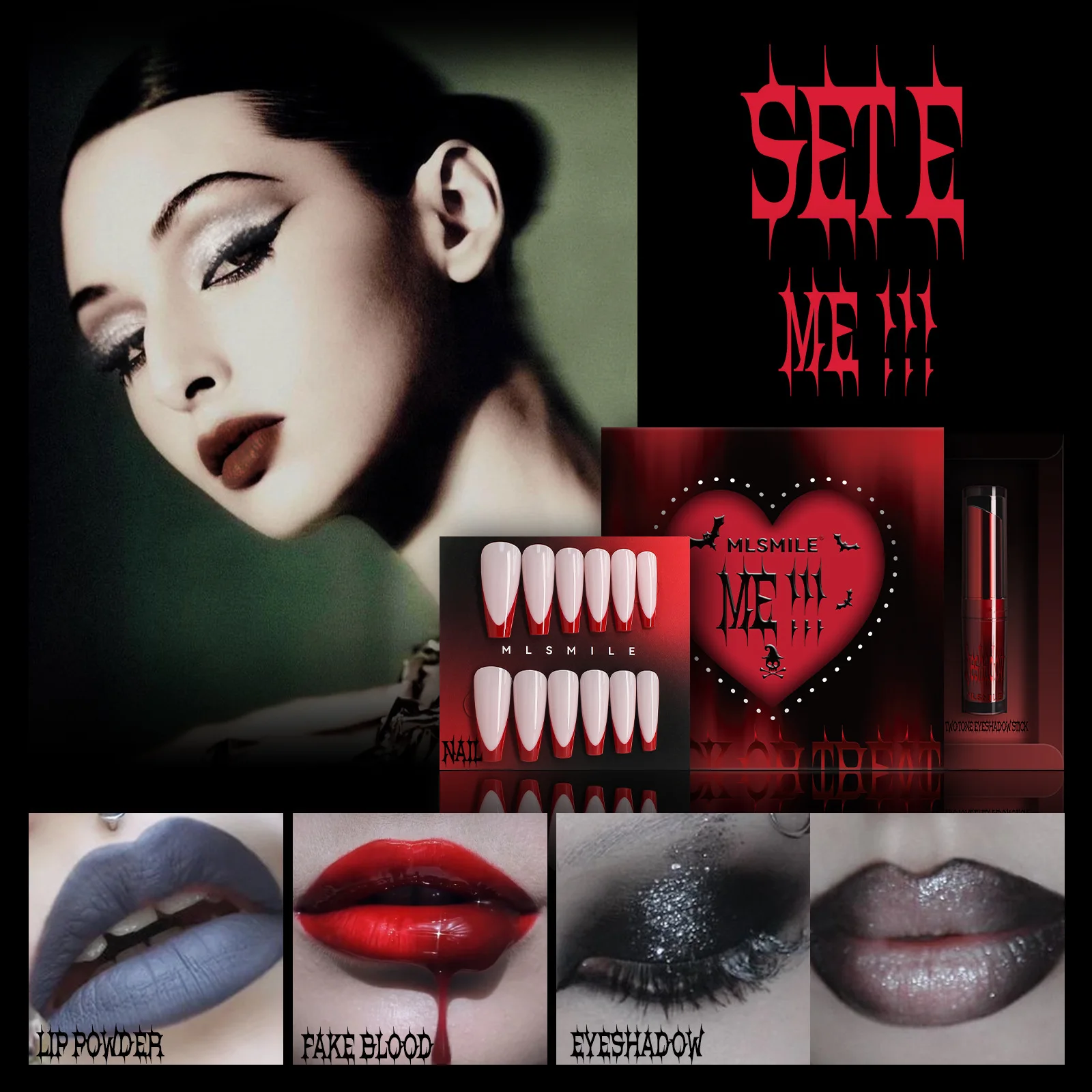 MLSMILE แต่งหน้าฮาโลวีนชุดอายแชโดว์ Glitter Lip Glaze เลือดปลอมสวมใส่เกราะ 4 ชิ้น/เซ็ตเทศกาลชุดเคล็ดลับหรือรักษาเครื่องสําอาง