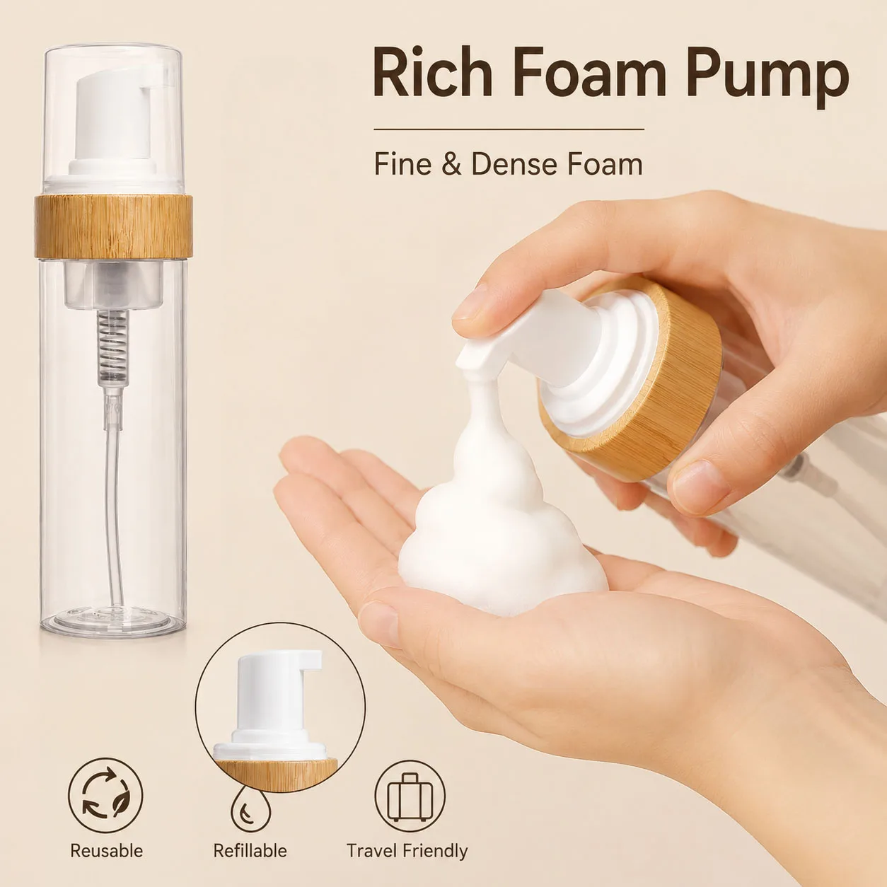 150ml Travel Bamboo Foam Pump Bottle Refillable Hand Sanitizer Shampoo Soap Dispenser Cosmetic Container