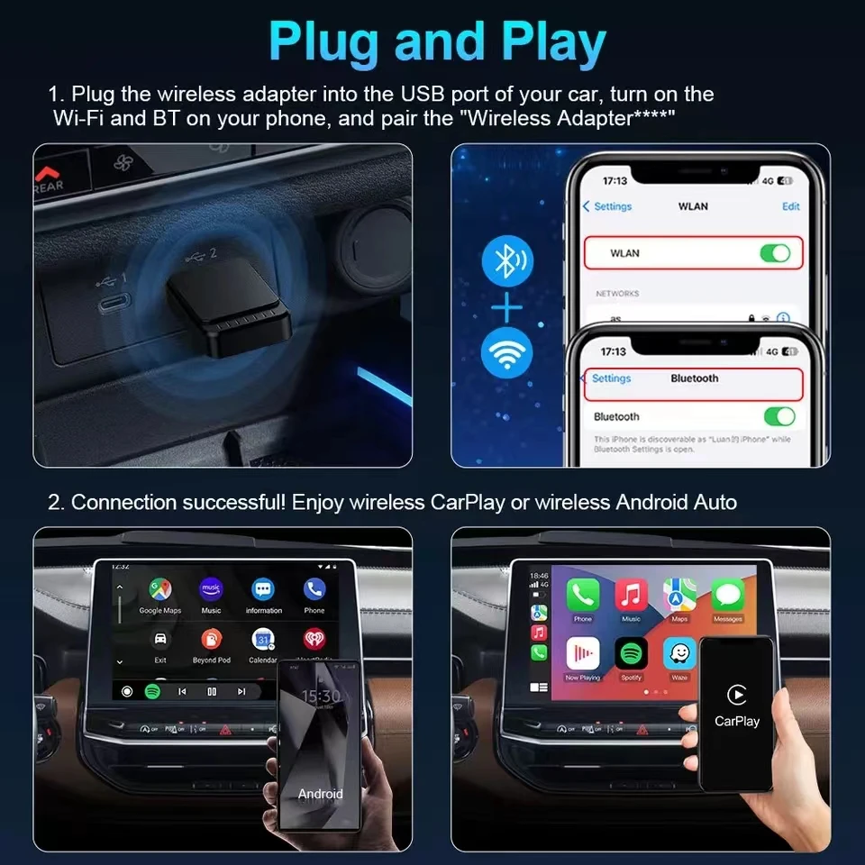 Le plus petit adaptateur Carplay sans fil, lecture et prise sans fil pour iPhone, téléphone Android, Benz, Audi, Kia, Jeep, Volvo, 2 en 1, 2024