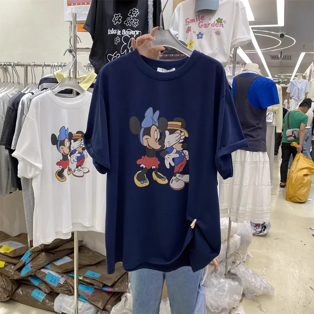 ديزني النسخة الكورية الجديدة من ميكي الرسوم المتحركة الكرتون الطباعة فضفاضة عادية قصيرة الأكمام تي شيرت الرجال والنساء بلايز