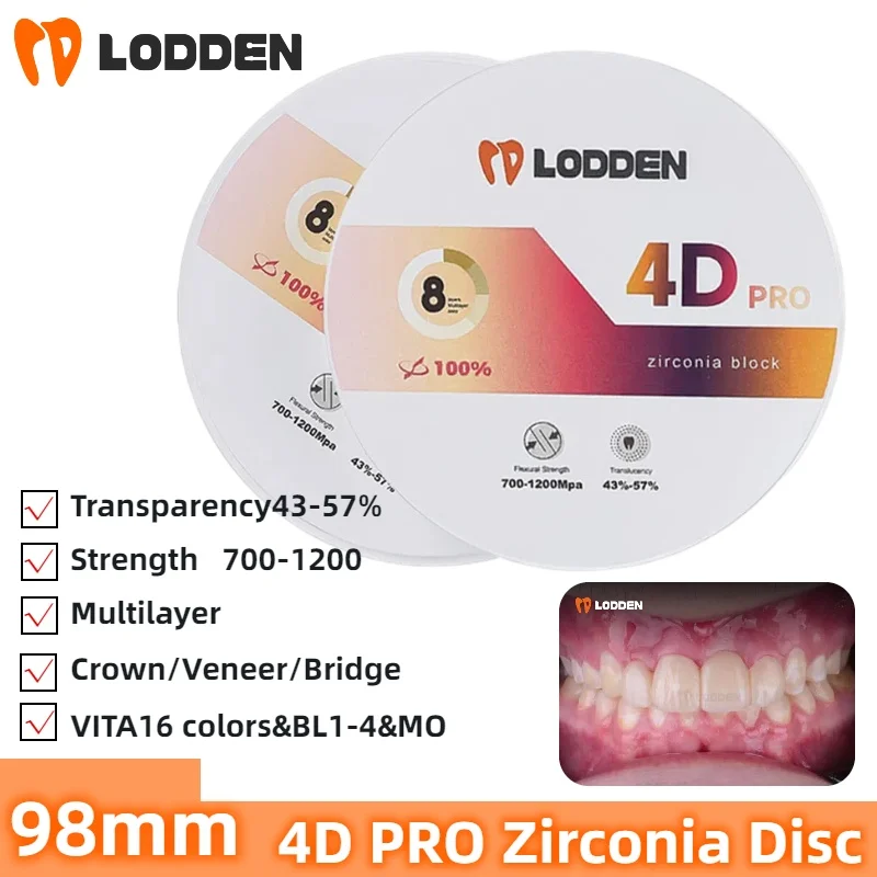 

Lodden 4D Multilayer Zirconia Disc 8-Layer 98mm Cad Cam System for Dental Lab Milling Machine Cutting Materials