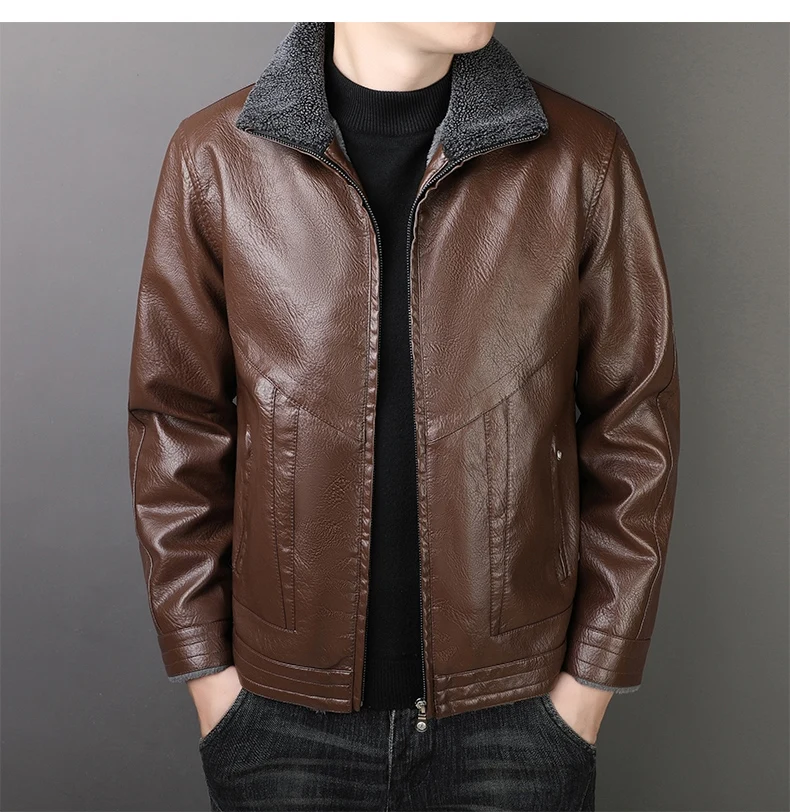 Winter Men\'s Fur Collar Leather Jacket Fashion Simple Solid Color Windproof Cargo Flying PU Leather Coat Vintage Men\'s Wear