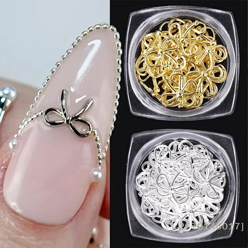 {Summer2} 30 Stück/Box 3D Exquisite Metall-Schleifen Nagelkunst-Charms Minimalistische Gold-Silber Schleifenbänder Gemischte Nageldekorationen DIY Maniküre