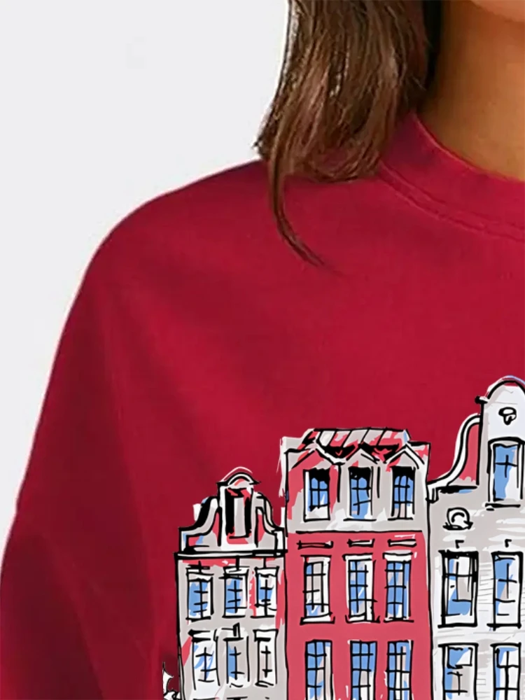 패션 티셔츠 캐주얼 라운드 넥 반팔 탑은 다채로운 건물 일러스트로 장식되어 있습니다. 트렌디한 스트리트웨어