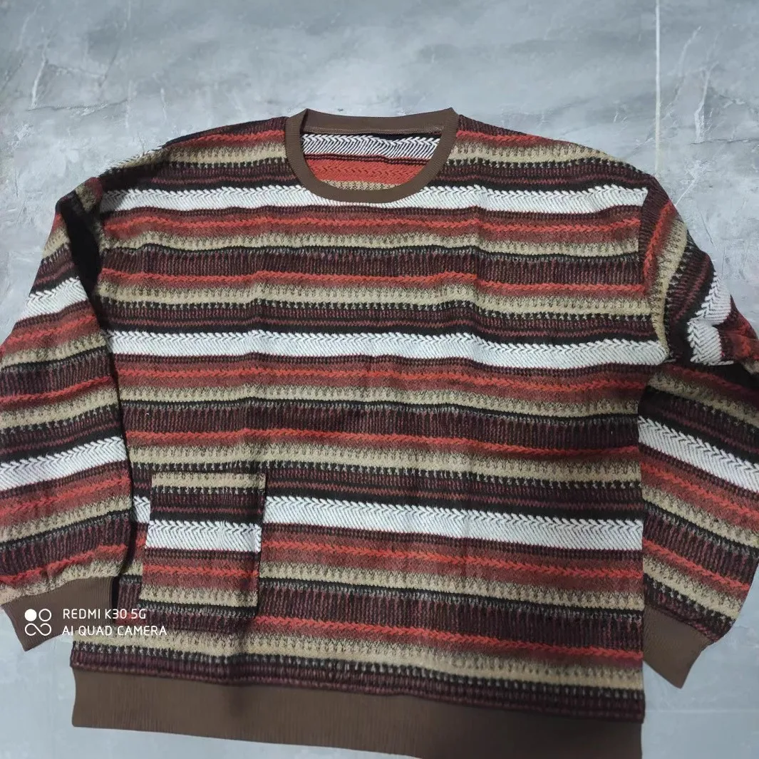 Women's Winter Clothing Round Neck Loose Fit Striped Fleece Lined Cotton Blend Sweater Casual Streetwear Hip Length Patchwork